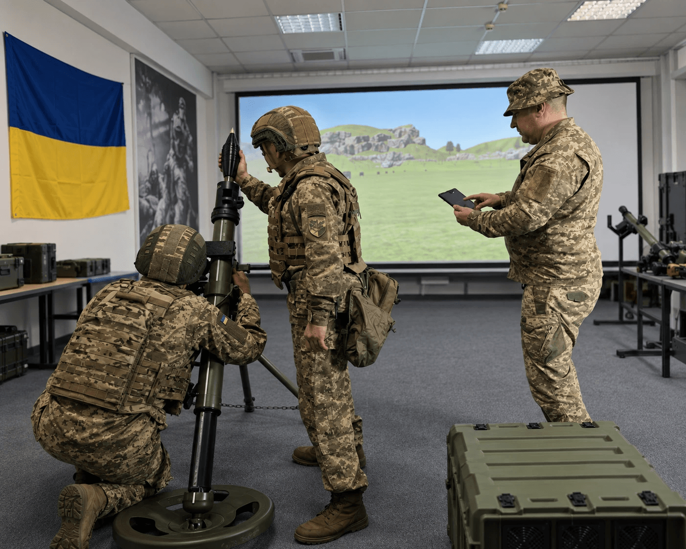 Обслуга мінометного розрахунку під час тренування на тренажері VARTA